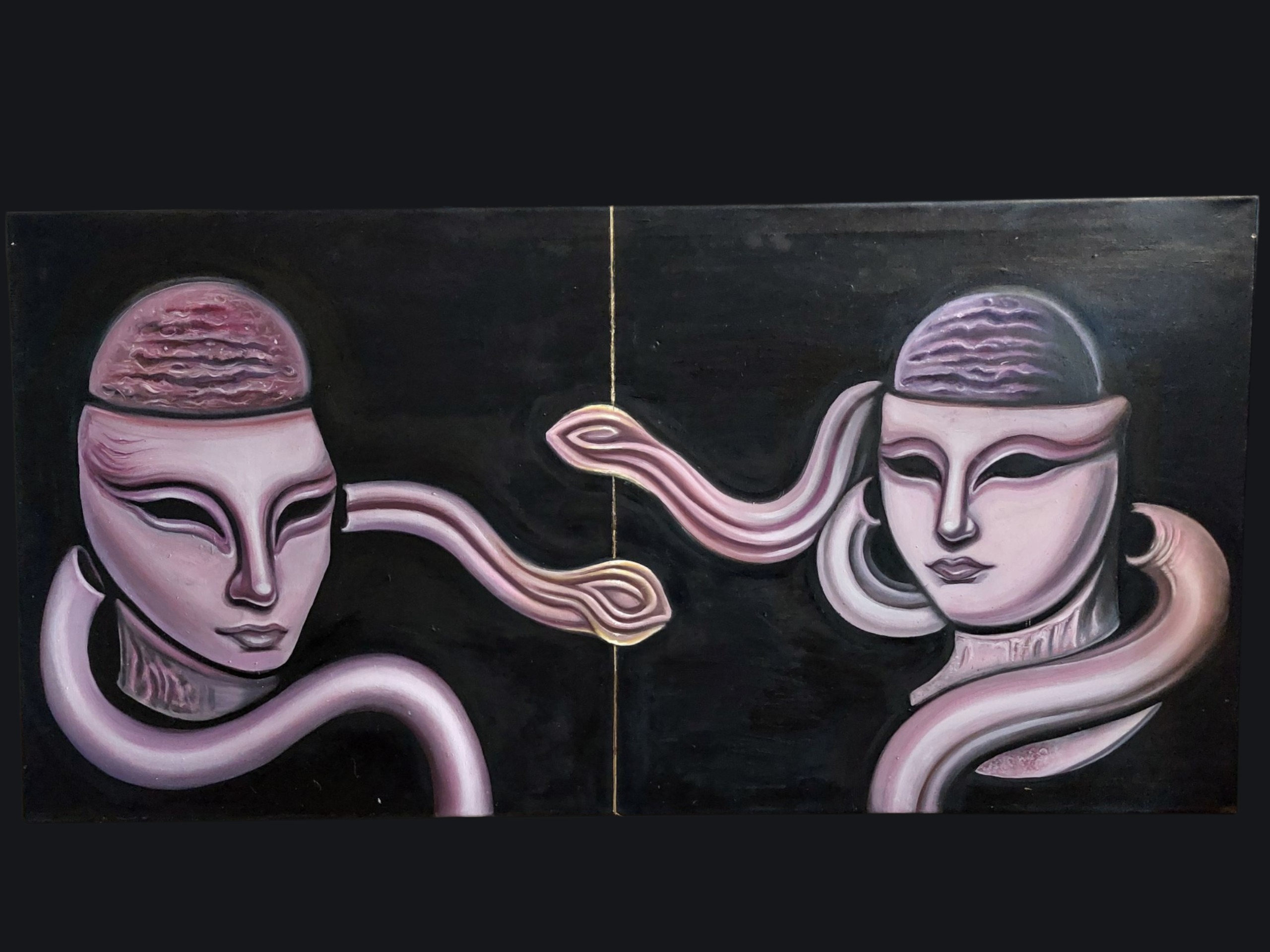 "Kommunikation" 50 x 100 oil on canvas Das Mittel für Verbundenheit und Verständnis ist Kommunikation. Zwei Individuen mit ganz eigenen Gedankenuniversen, ihre Gedankenstränge sind unterbrochen und winden sich jeweils um sie selbst, aber finden trotzdem zueinander.