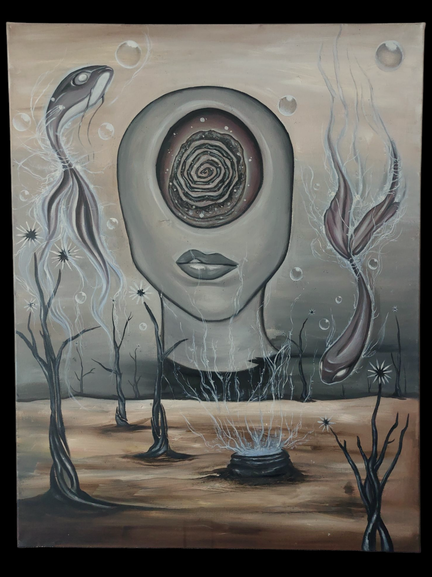 "Energetische Einöde" 90 x 70 oil on canvas Unsere Gedanken kreisen. Jeden Tag entstehen neue Eindrücke, alte Erinnerungen kommen hoch, Verhaltensmuster treten auf. Auch im tristen Alltag, in langwierigen Routinen, in schweren Zeiten formt sich unser Innerstes. Es liegt an uns wie wir unsere Gedanken und Gefühle lenken.